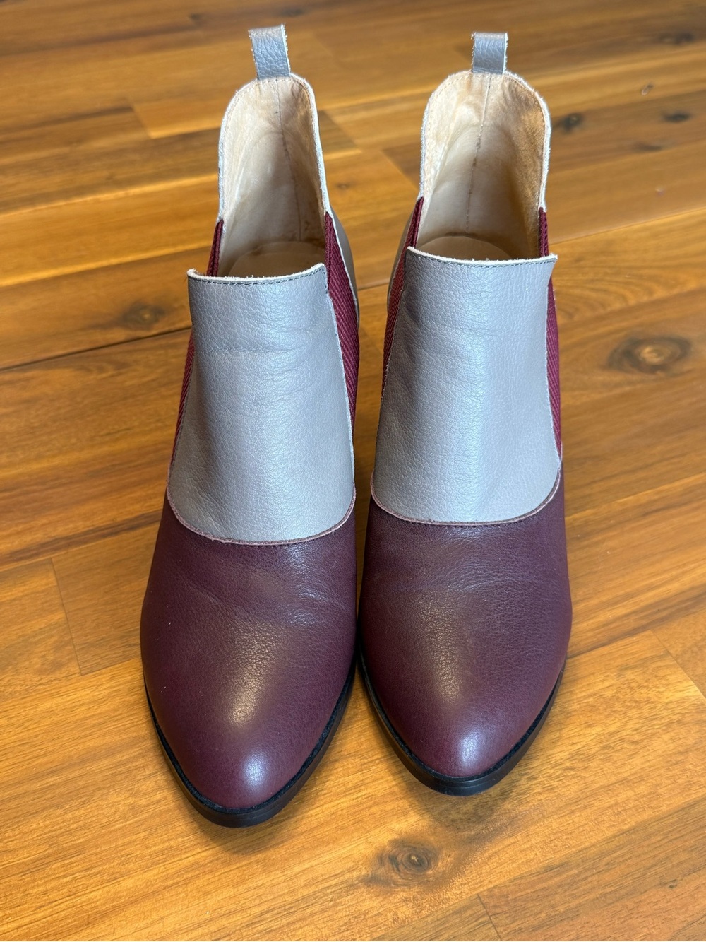 Two-Tone Burgundy and Light Gray Leather Ankle Booties